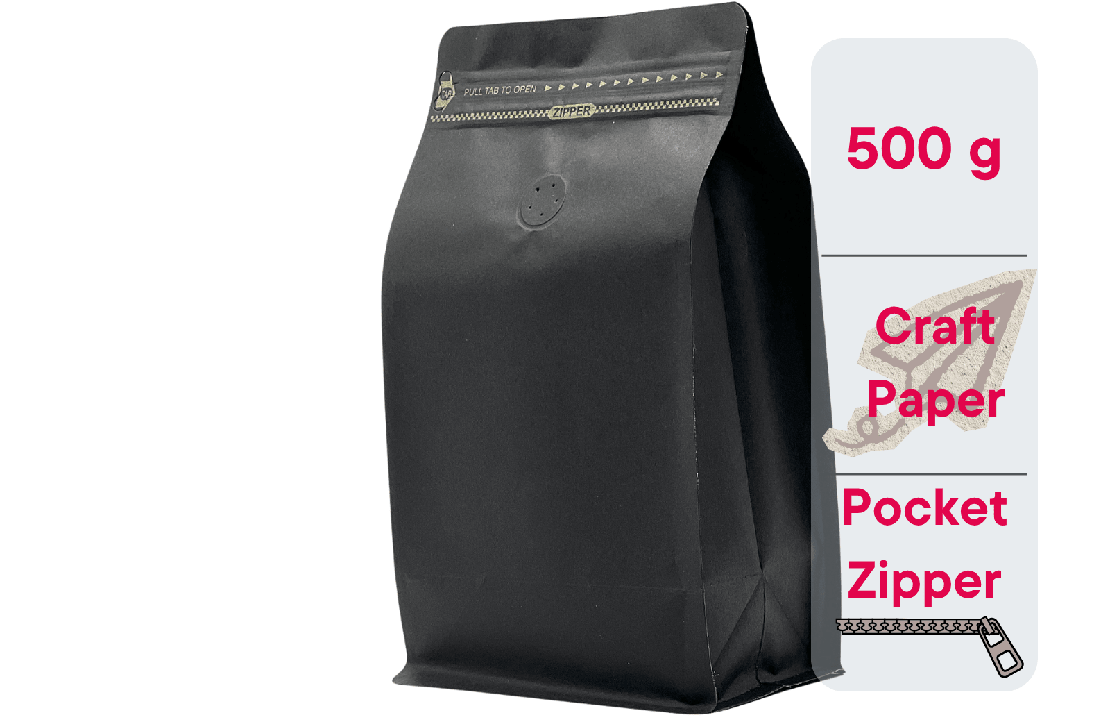 500 St. Kaffeebeutel für 500g Flachbodenbeutel aus Kraftpapier SCHWARZ inkl. Ventil, Front Zipper und Aromaschutz - kaffeeverpackung.com - Kaffeebeutel mit Ventil