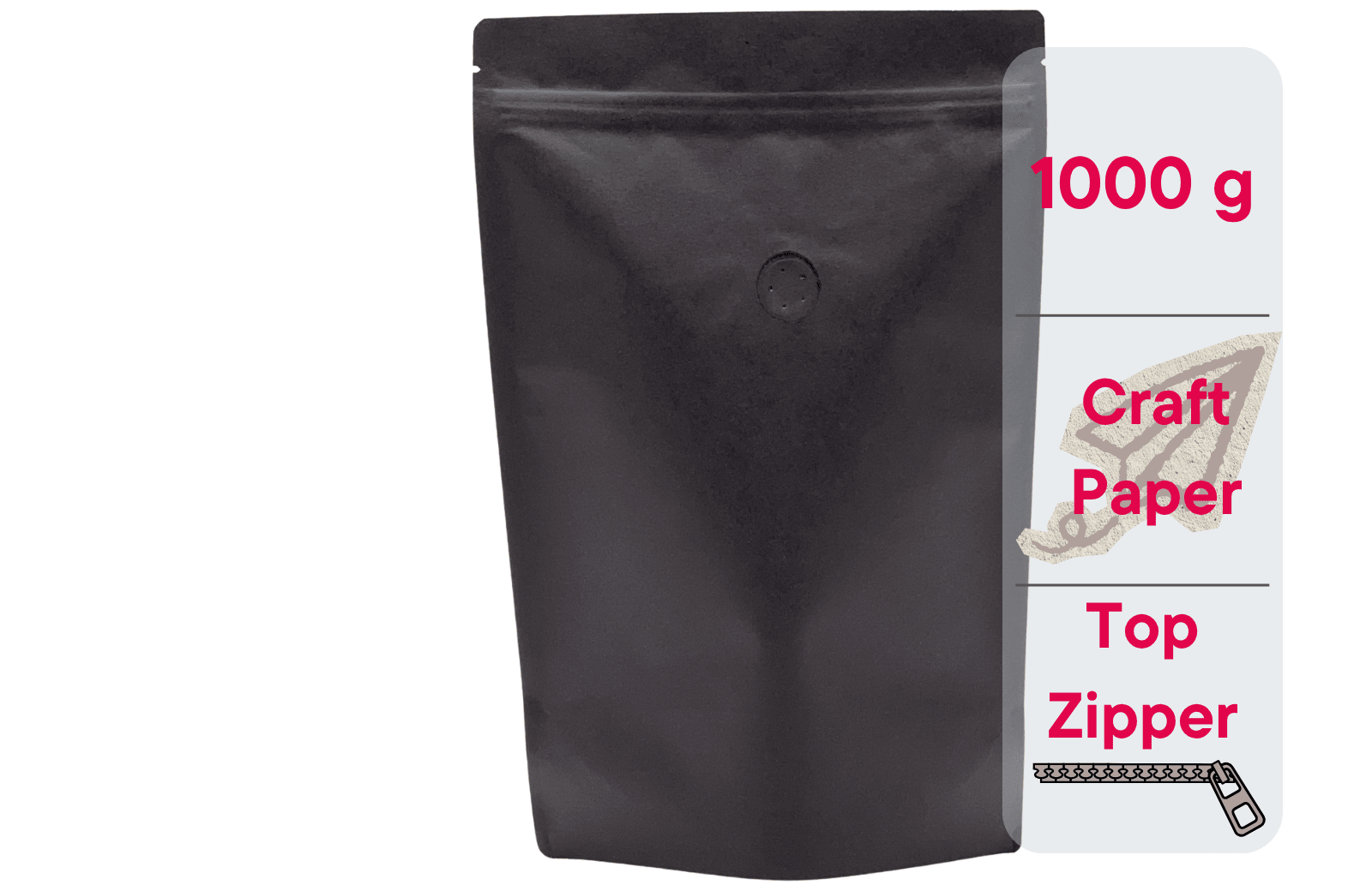 500 Stk. Kaffeebeutel für 1.000g, Standbodenbeutel/Doypack aus Kraftpapier SCHWARZ inkl. Ventil - kaffeeverpackung.com - Kaffeebeutel mit Ventil