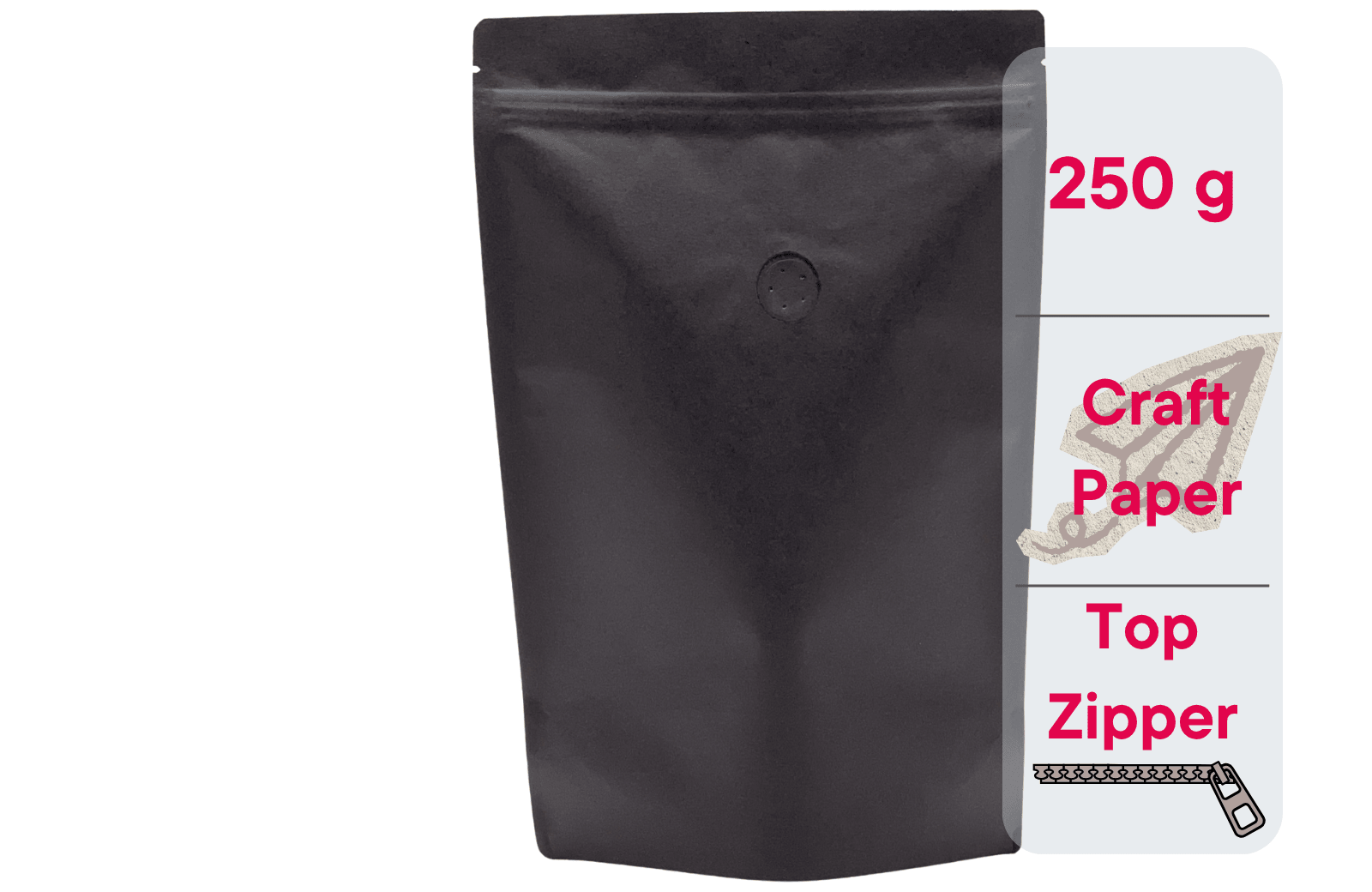 500 Stk. Kaffeebeutel für 250g, Standbodenbeutel/Doypack aus Kraftpapier SCHWARZ inkl. Ventil - kaffeeverpackung.com - Kaffeebeutel mit Ventil