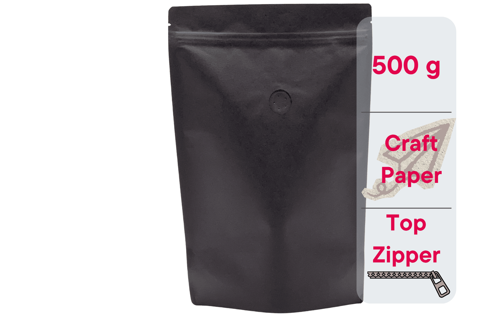 500 Stk. Kaffeebeutel für 500g, Standbodenbeutel/Doypack aus Kraftpapier SCHWARZ inkl. Ventil - kaffeeverpackung.com - Kaffeebeutel mit Ventil