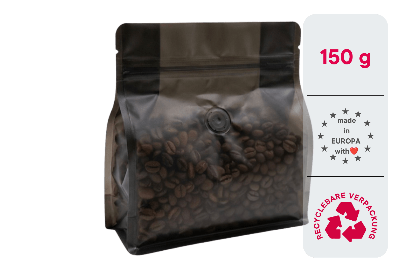 600 Stk. ♺ Kaffeebeutel für 150g in schwarz-transluzent-matt, Flachbodenbeutel RECYCLINGFÄHIG inkl. Ventil, Top-Zipper und Aromaschutz - kaffeeverpackung.com - Kaffeebeutel mit Ventil