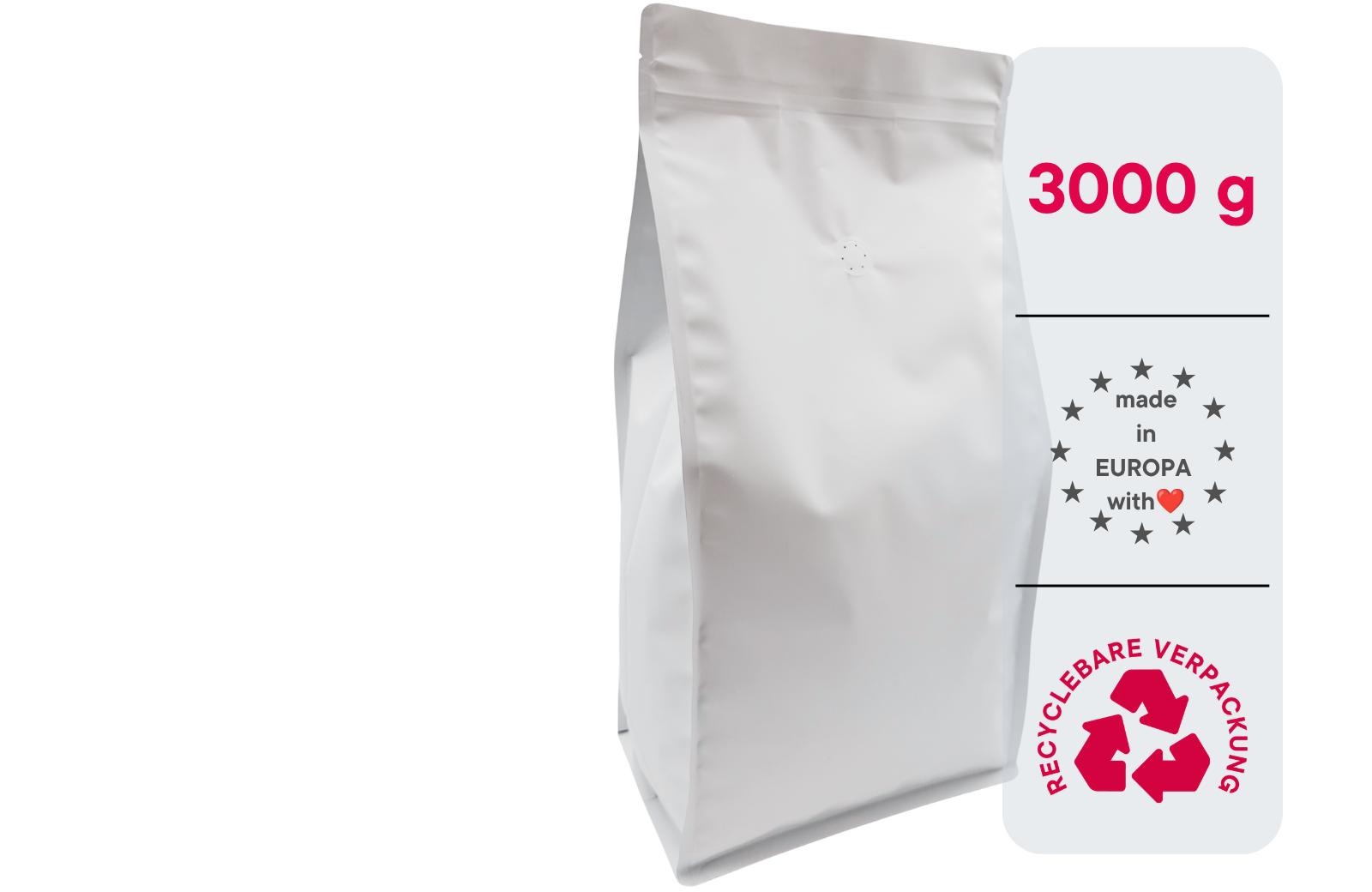 120 Stk. ♺ Kaffeebeutel für 3KG in weiß matt, Flachbodenbeutel RECYCLINGFÄHIG inkl. Ventil, Top-Zipper und Aromaschutz