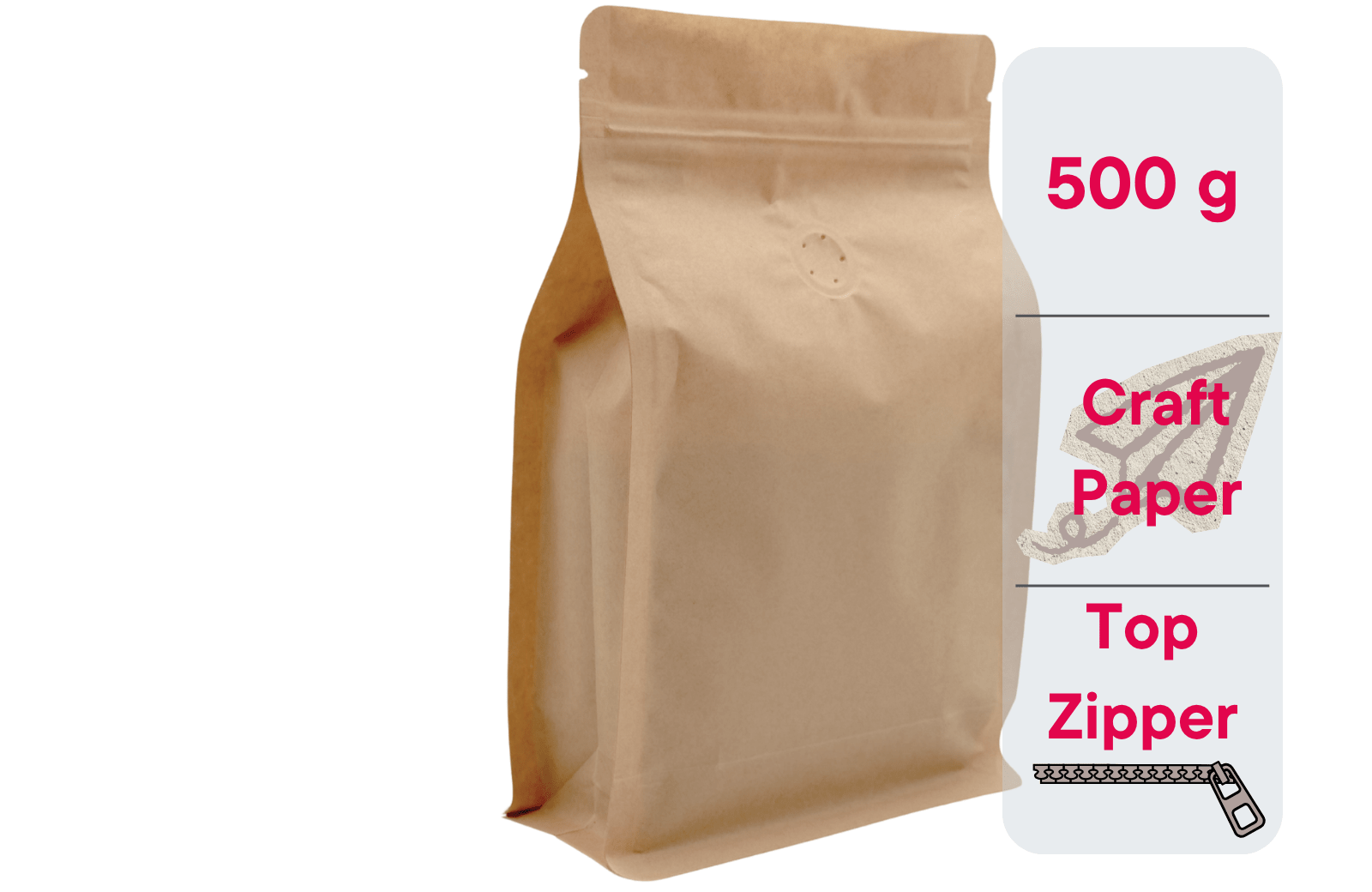 Kaffeebeutel Flachbodenbeutel 500g, Kraftpapier braun, mit Ventil, Top-Zipper & Aromaschutz (500 Stk.) - kaffeeverpackung.com - Kaffeebeutel mit Ventil