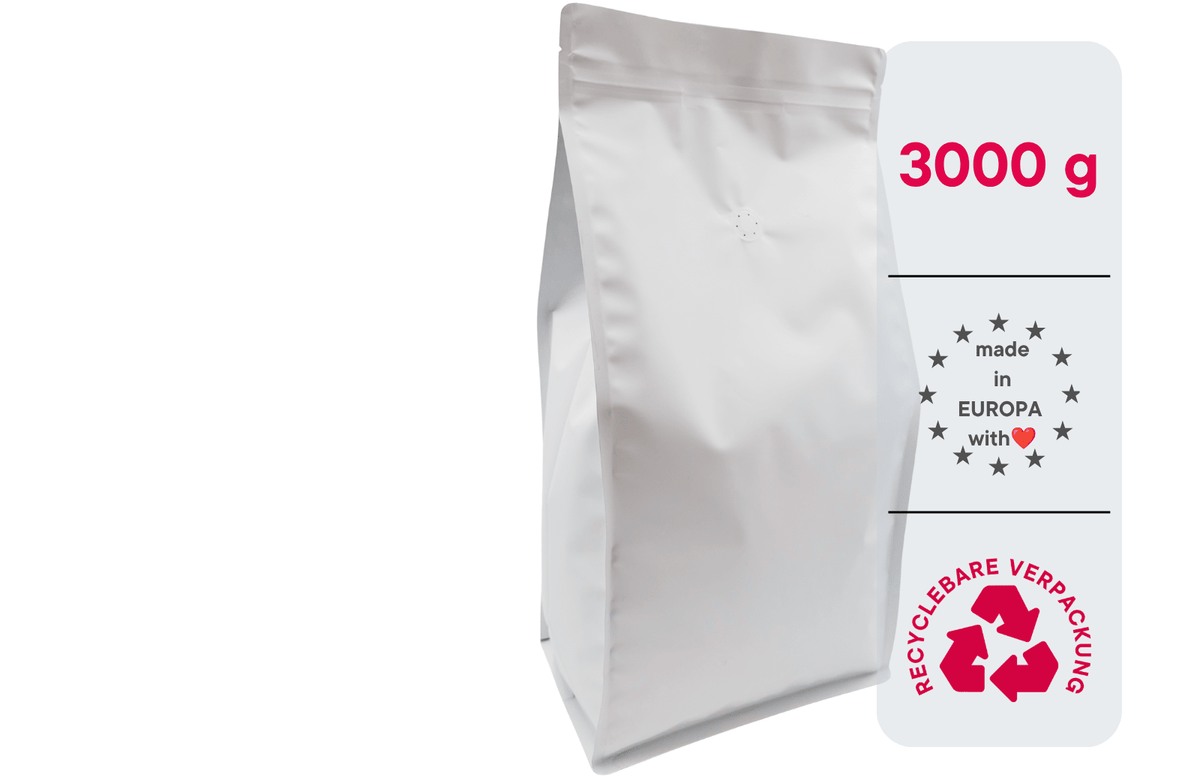 120 Stk. ♺ Kaffeebeutel für 3KG in weiß matt, Flachbodenbeutel RECYCLINGFÄHIG inkl. Ventil, Top-Zipper und Aromaschutz - kaffeeverpackung.com - Kaffeebeutel mit Ventil