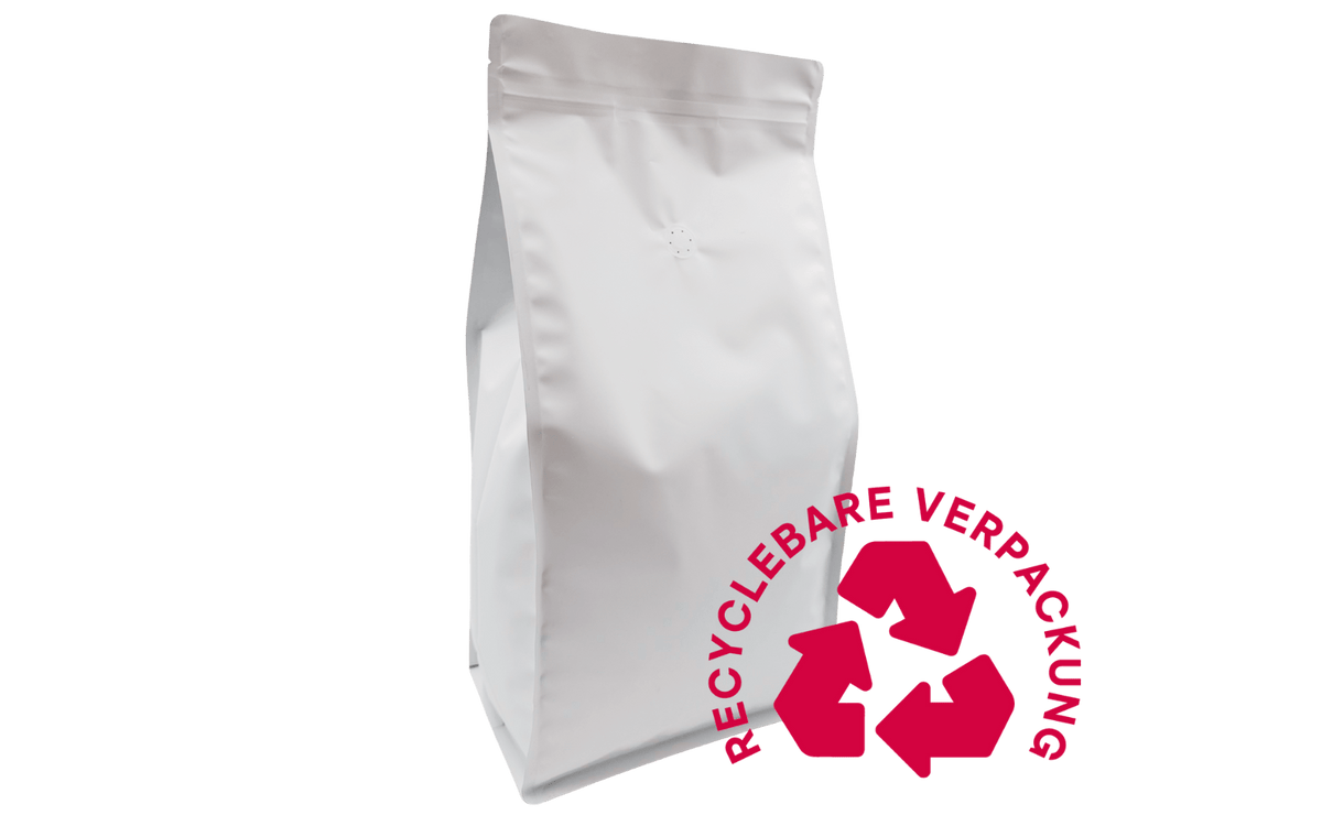 120 Stk. ♺ Kaffeebeutel für 3KG in weiß - matt, Flachbodenbeutel RECYCLINGFÄHIG inkl. Ventil, Top - Zipper und Aromaschutz - kaffeeverpackung.com