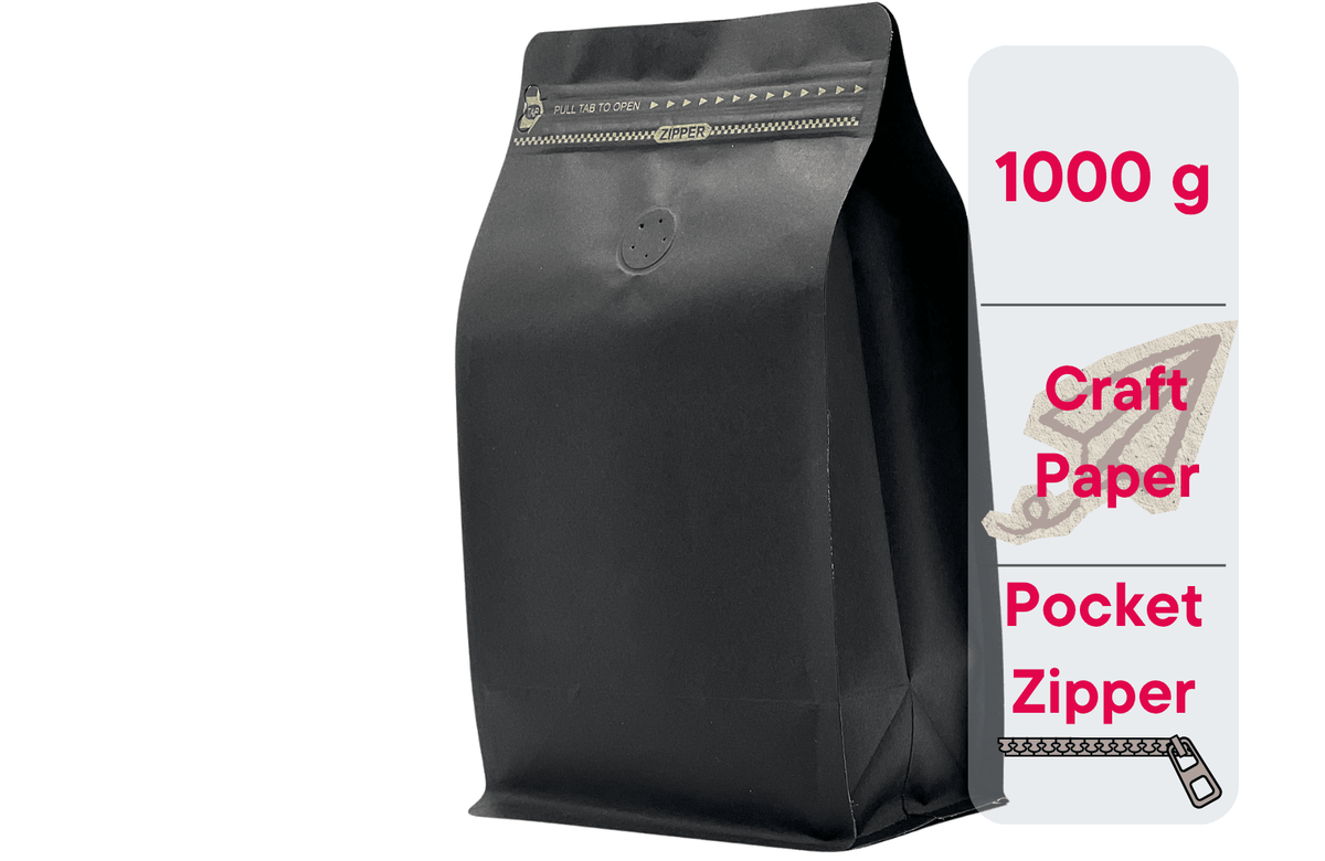 500 St. Kaffeebeutel für 1.000g Flachbodenbeutel aus Kraftpapier SCHWARZ inkl. Ventil, Front Zipper und Aromaschutz - kaffeeverpackung.com - Kaffeebeutel mit Ventil