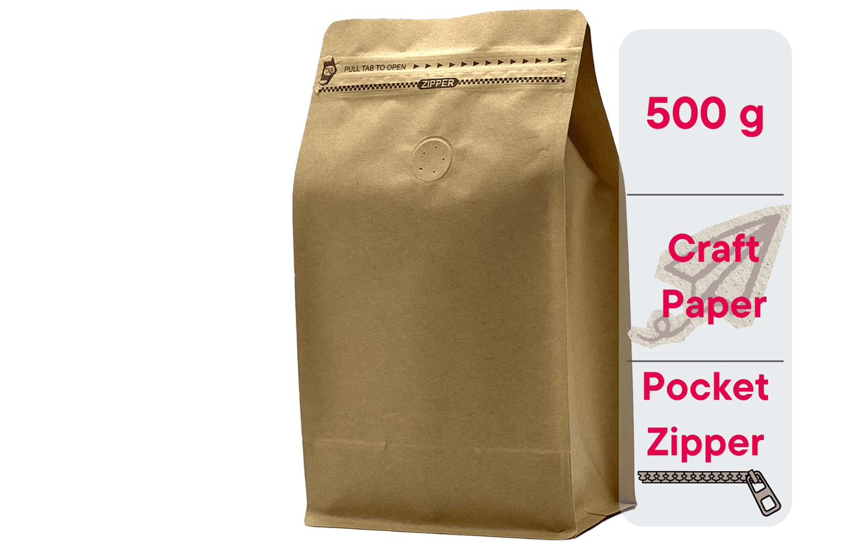 500 St. Kaffeebeutel für 500g Flachbodenbeutel aus Kraftpapier BRAUN inkl. Ventil, Front Zipper und Aromaschutz - kaffeeverpackung.com - Kaffeebeutel mit Ventil