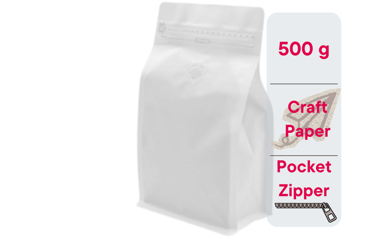 500 St. Kaffeebeutel für 500g Flachbodenbeutel aus Kraftpapier WEISS inkl. Ventil, Front Zipper und Aromaschutz - kaffeeverpackung.com - Kaffeebeutel mit Ventil