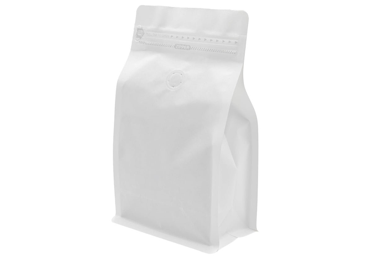 500 St. Kaffeebeutel für 500g Flachbodenbeutel aus Kraftpapier WEISS inkl. Ventil, Front Zipper und Aromaschutz - kaffeeverpackung.com