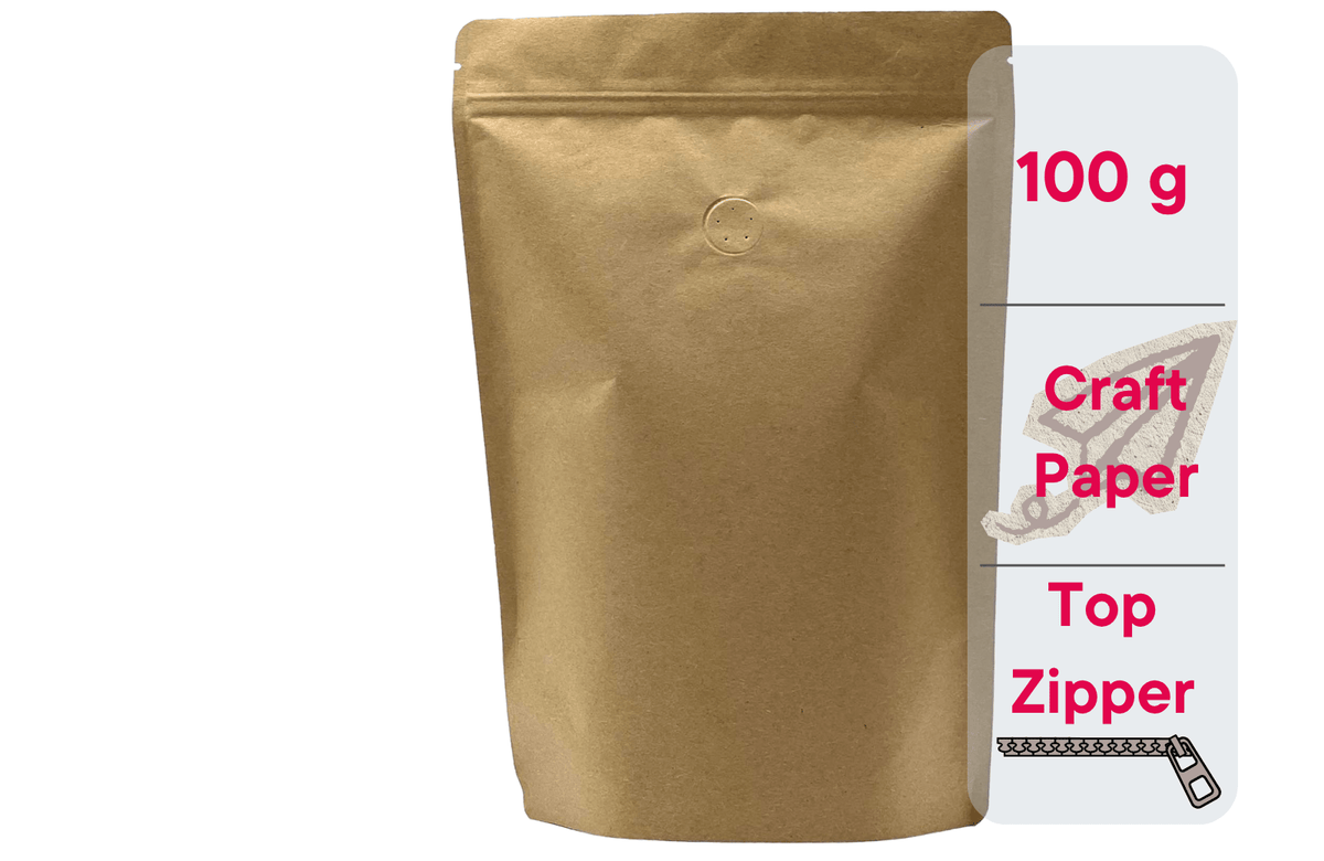 500 Stk. Kaffeebeutel für 100g, Standbodenbeutel/Doypack aus Kraftpapier BRAUN inkl. Ventil - kaffeeverpackung.com - Kaffeebeutel mit Ventil