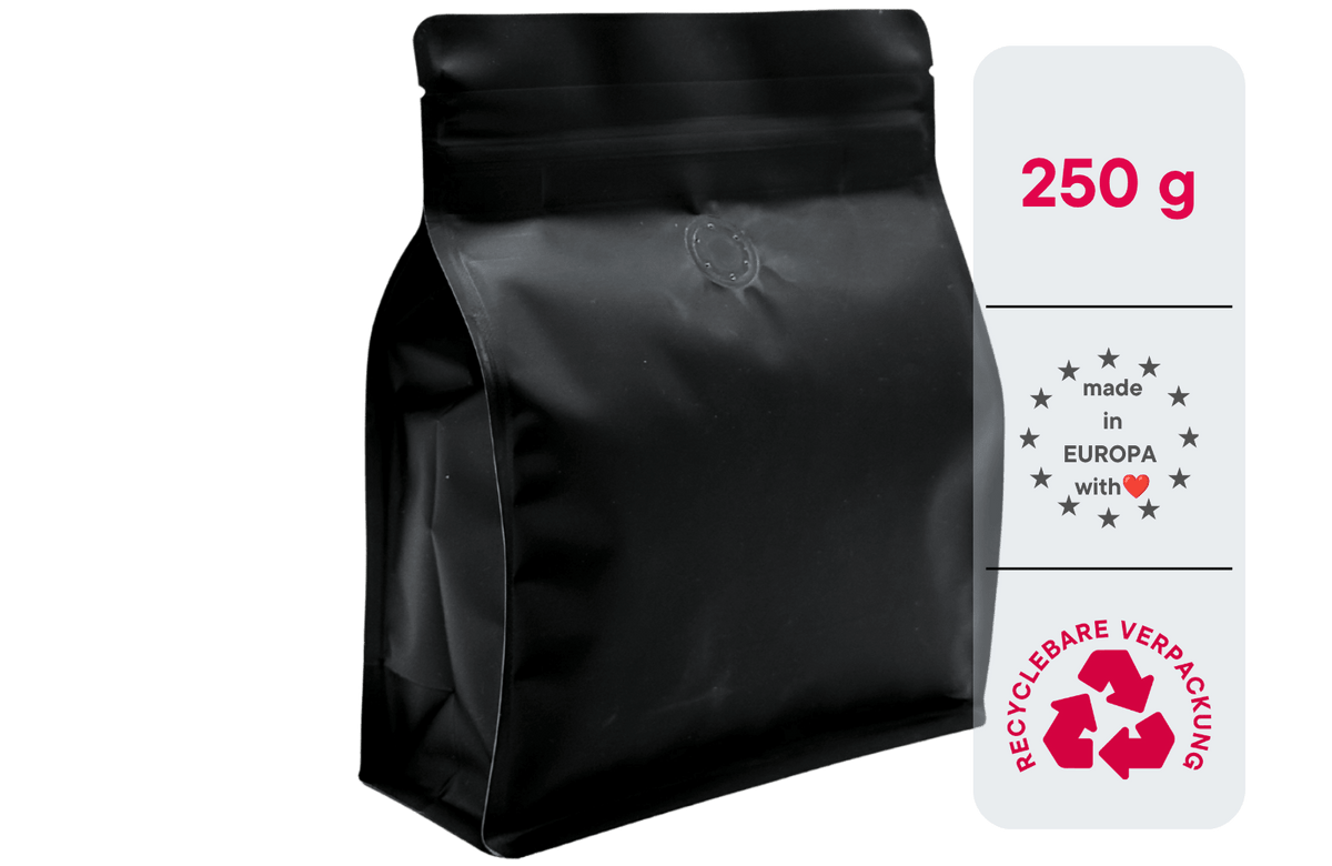 500 Stk. ♺ Kaffeebeutel für 250g in MATT SCHWARZ, Flachbodenbeutel aus MONO-Material, inkl. Ventil, Top-Zipper und Aromaschutz - kaffeeverpackung.com - Kaffeebeutel mit Ventil