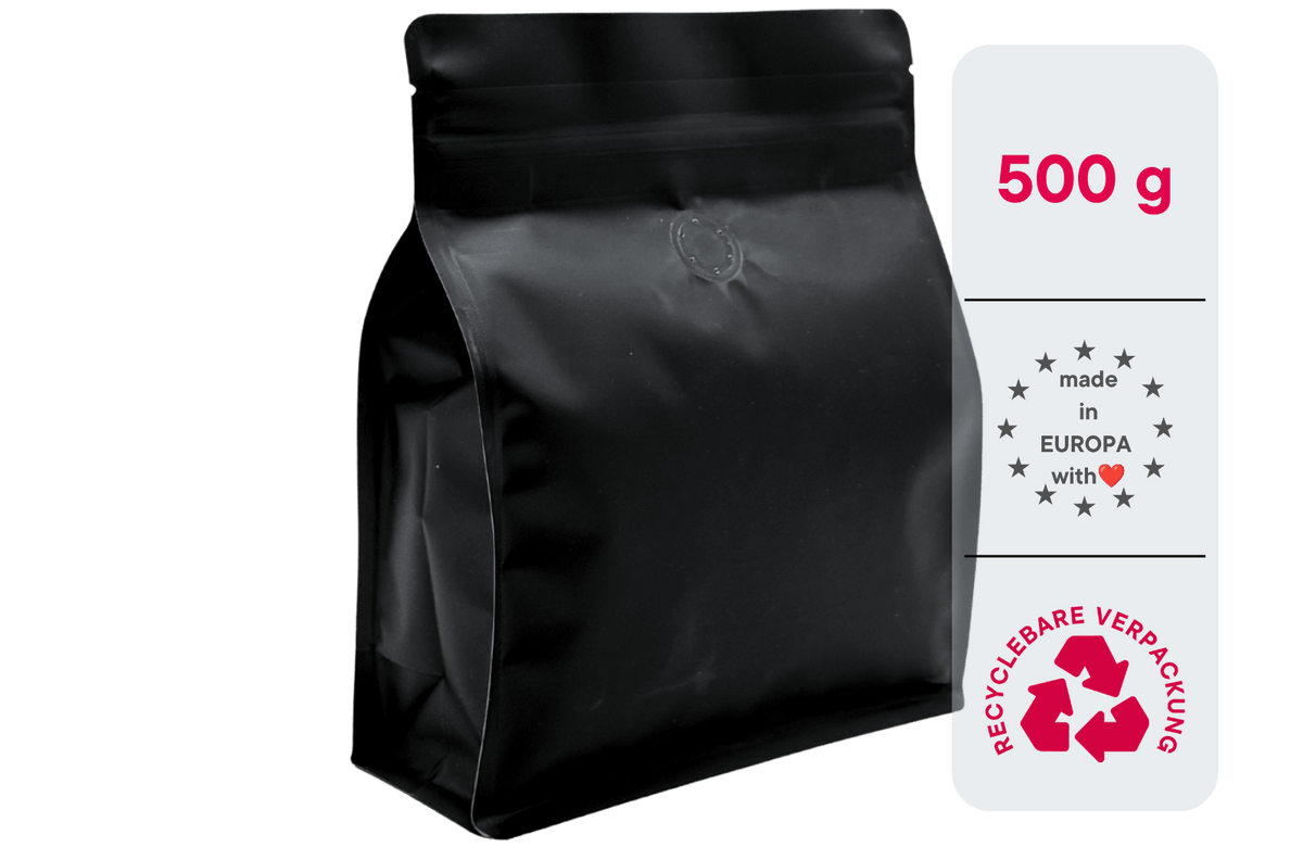 500 Stk. ♺ Kaffeebeutel für 500g in MATT SCHWARZ, Flachbodenbeutel aus MONO-Material, inkl. Ventil, Top-Zipper und Aromaschutz - kaffeeverpackung.com - Kaffeebeutel mit Ventil