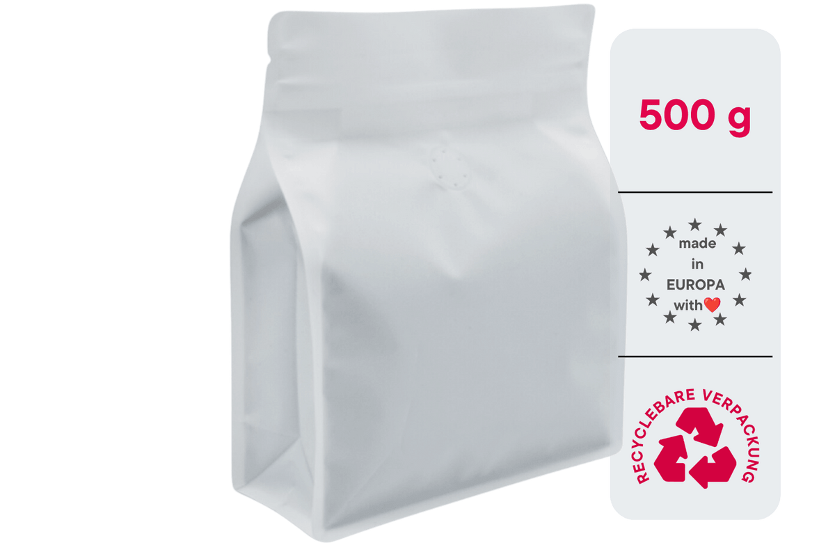 500 Stk. ♺ Kaffeebeutel für 500g in MATT WEISS, Flachbodenbeutel aus MONO-Material, inkl. Ventil, Top-Zipper und Aromaschutz - kaffeeverpackung.com - Kaffeebeutel mit Ventil