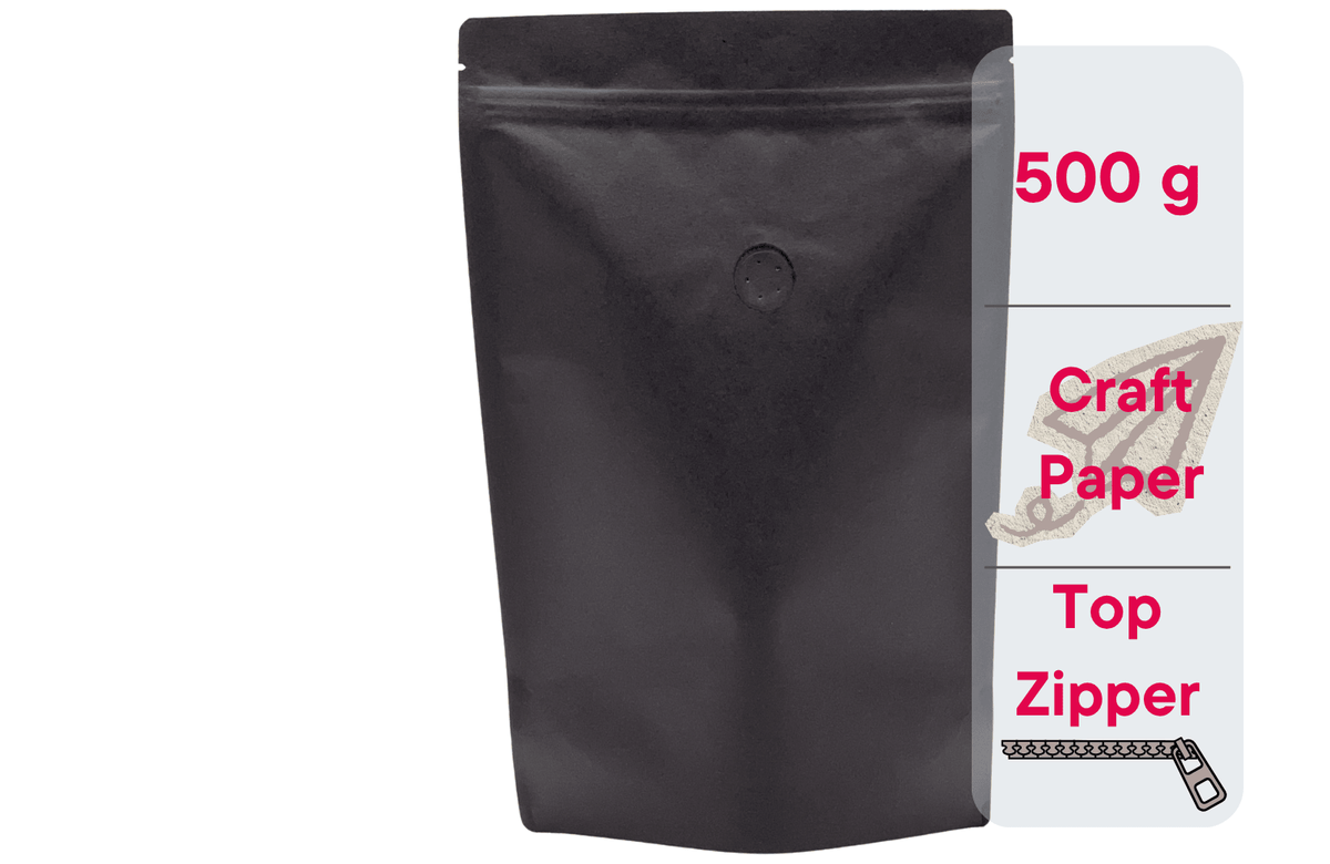 500 Stk. Kaffeebeutel für 500g, Standbodenbeutel/Doypack aus Kraftpapier SCHWARZ inkl. Ventil - kaffeeverpackung.com - Kaffeebeutel mit Ventil
