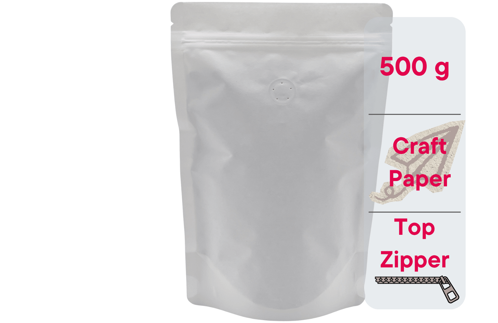 500 Stk. Kaffeebeutel für 500g, Standbodenbeutel/Doypack aus Kraftpapier WEISS inkl. Ventil - kaffeeverpackung.com - Kaffeebeutel mit Ventil