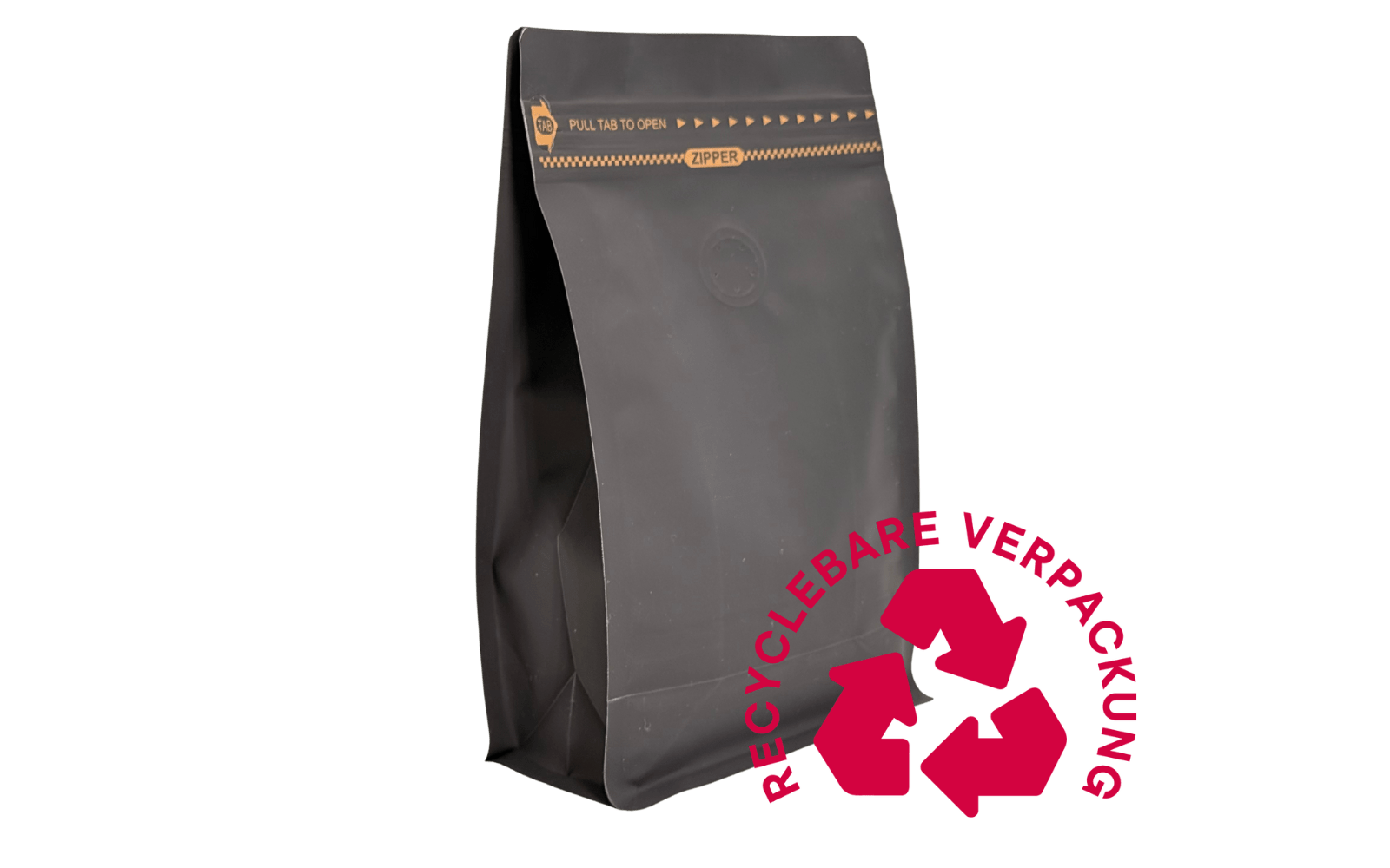 500 Stk. ♺ Kaffeebeutel für 1.000g in MATT SCHWARZ, Flachbodenbeutel aus MONO - Material, inkl. Ventil, Front - Zipper und Aromaschutz - kaffeeverpackung.com