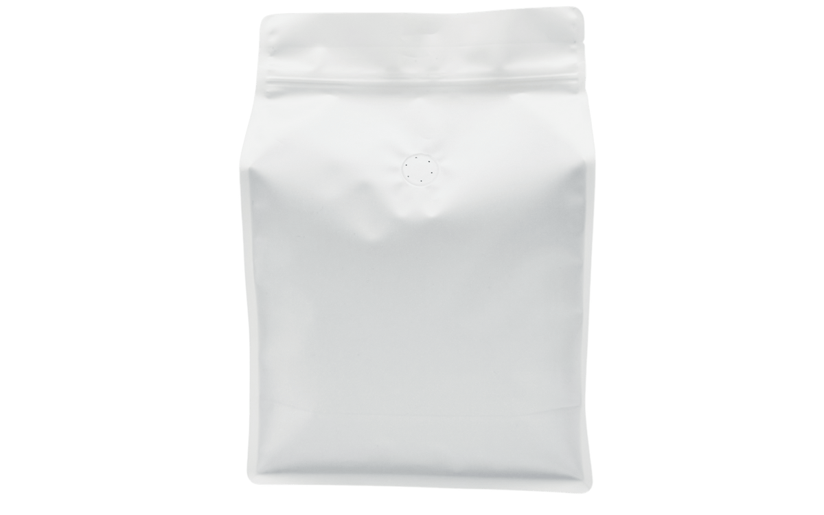 500 Stk. ♺ Kaffeebeutel für 1.000g in MATT WEISS, Flachbodenbeutel aus MONO - Material, inkl. Ventil, Top - Zipper und Aromaschutz - kaffeeverpackung.com