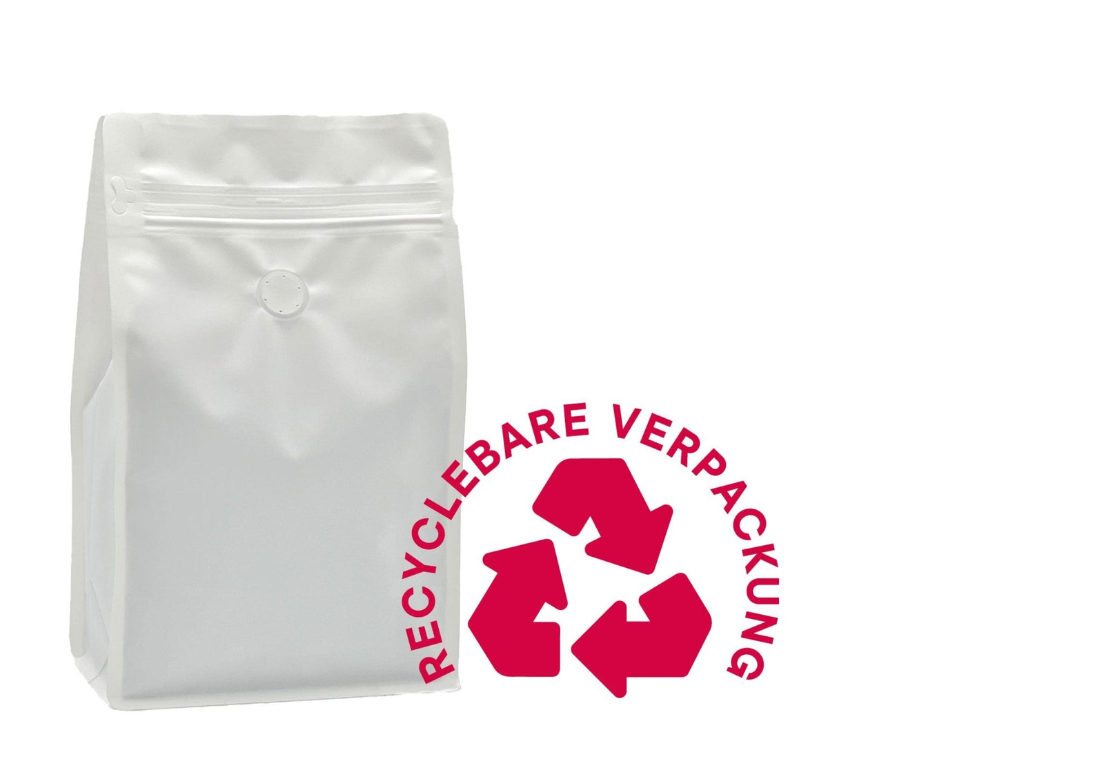500 Stk. ♺ Kaffeebeutel für 500g in weiss - matt, Flachbodenbeutel RECYCLINGFÄHIG inkl. Ventil, Front - Zipper und Aromaschutz, mit Paper - Touch - kaffeeverpackung.com