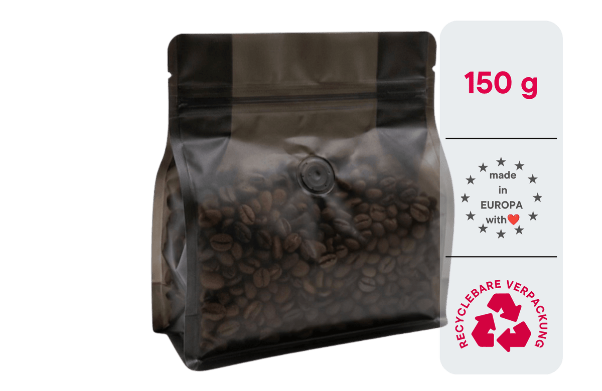 600 Stk. ♺ Kaffeebeutel für 150g in schwarz-transluzent-matt, Flachbodenbeutel RECYCLINGFÄHIG inkl. Ventil, Top-Zipper und Aromaschutz - kaffeeverpackung.com - Kaffeebeutel mit Ventil