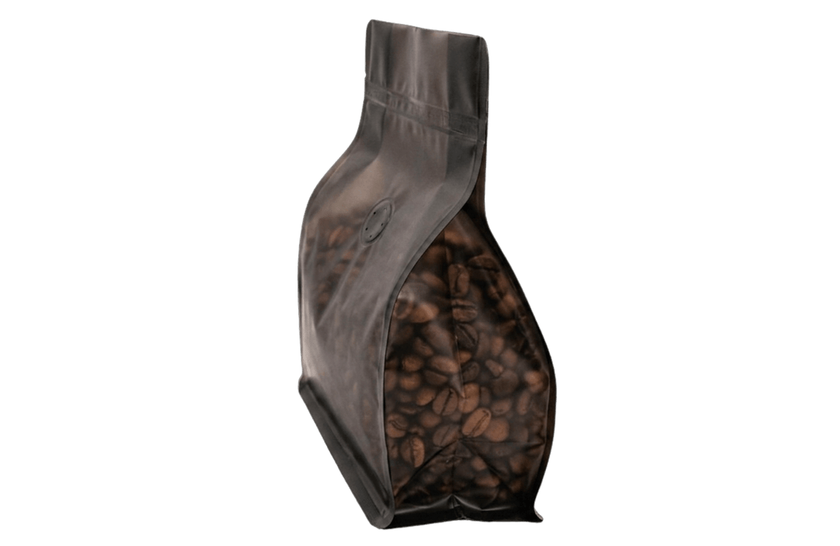 600 Stk. ♺ Kaffeebeutel für 150g in schwarz-transluzent-matt, Flachbodenbeutel RECYCLINGFÄHIG inkl. Ventil, Top-Zipper und Aromaschutz - kaffeeverpackung.com - Kaffeebeutel mit Ventil