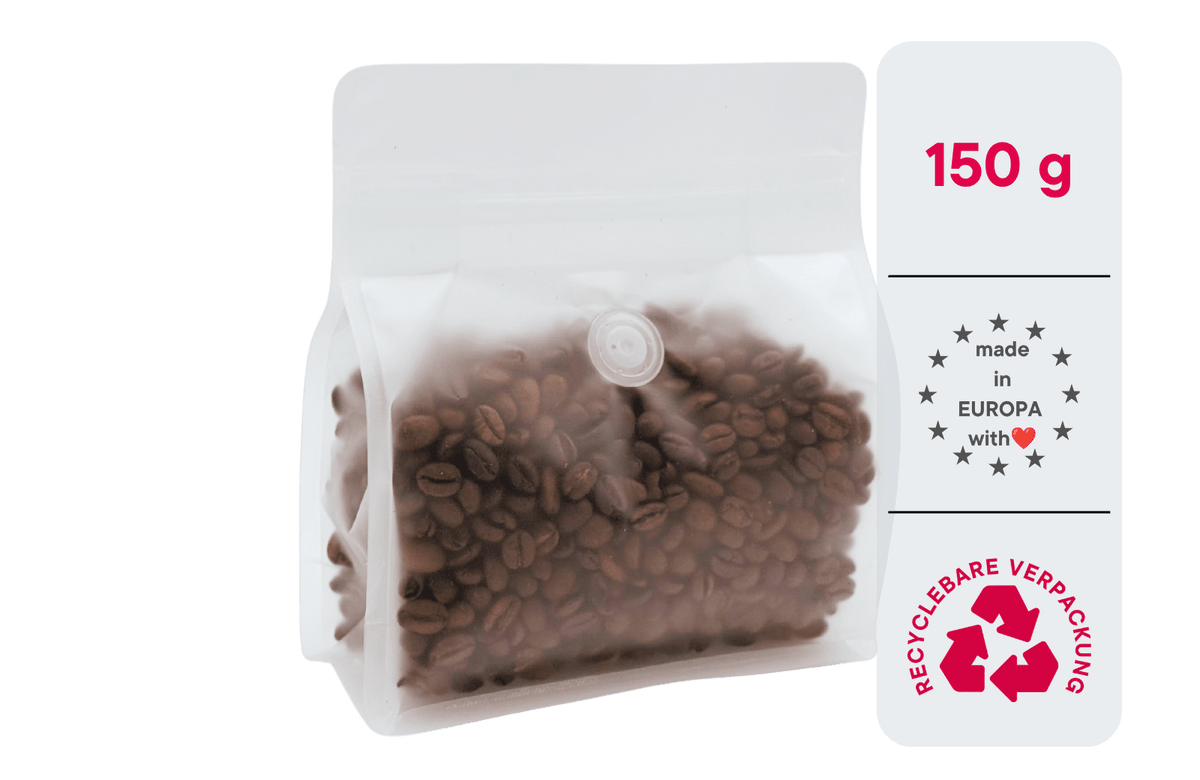600 Stk. ♺ Kaffeebeutel für 150g in transparent-matt, Flachbodenbeutel RECYCLINGFÄHIG inkl. Ventil, Top-Zipper und Aromaschutz - kaffeeverpackung.com - Kaffeebeutel mit Ventil