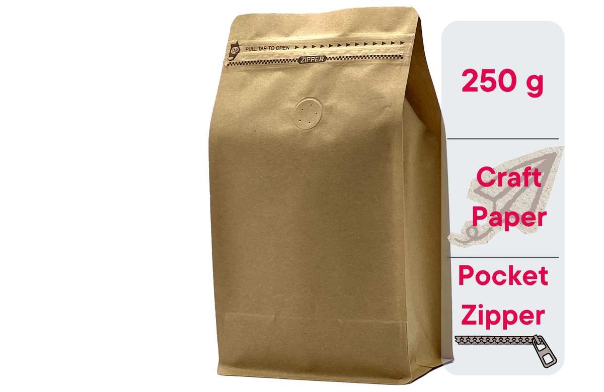500 St. Kaffeebeutel für 250g Flachbodenbeutel aus Kraftpapier BRAUN inkl. Ventil, Front Zipper und Aromaschutz