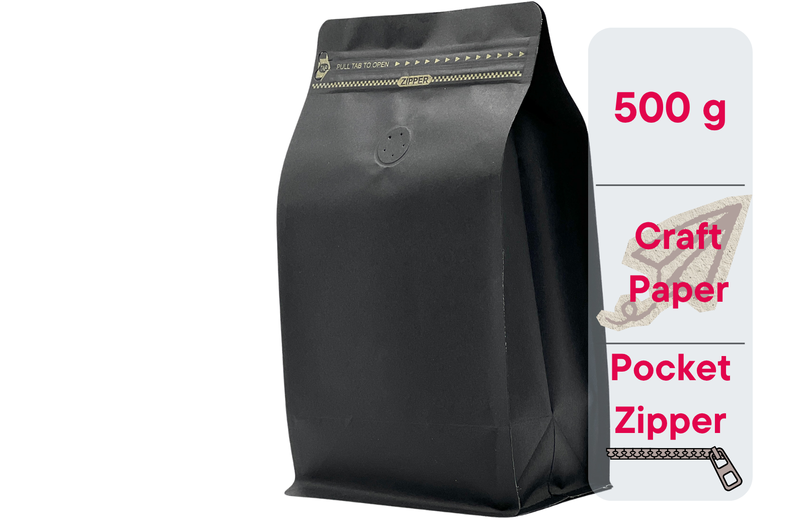 500 St. Kaffeebeutel für 500g Flachbodenbeutel aus Kraftpapier SCHWARZ inkl. Ventil, Front Zipper und Aromaschutz