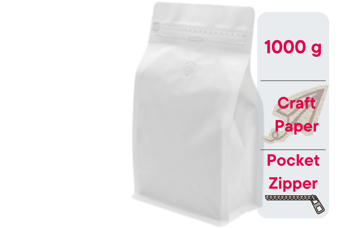 500 St. Kaffeebeutel für 1.000g Flachbodenbeutel aus Kraftpapier WEISS inkl. Ventil, Front Zipper und Aromaschutz