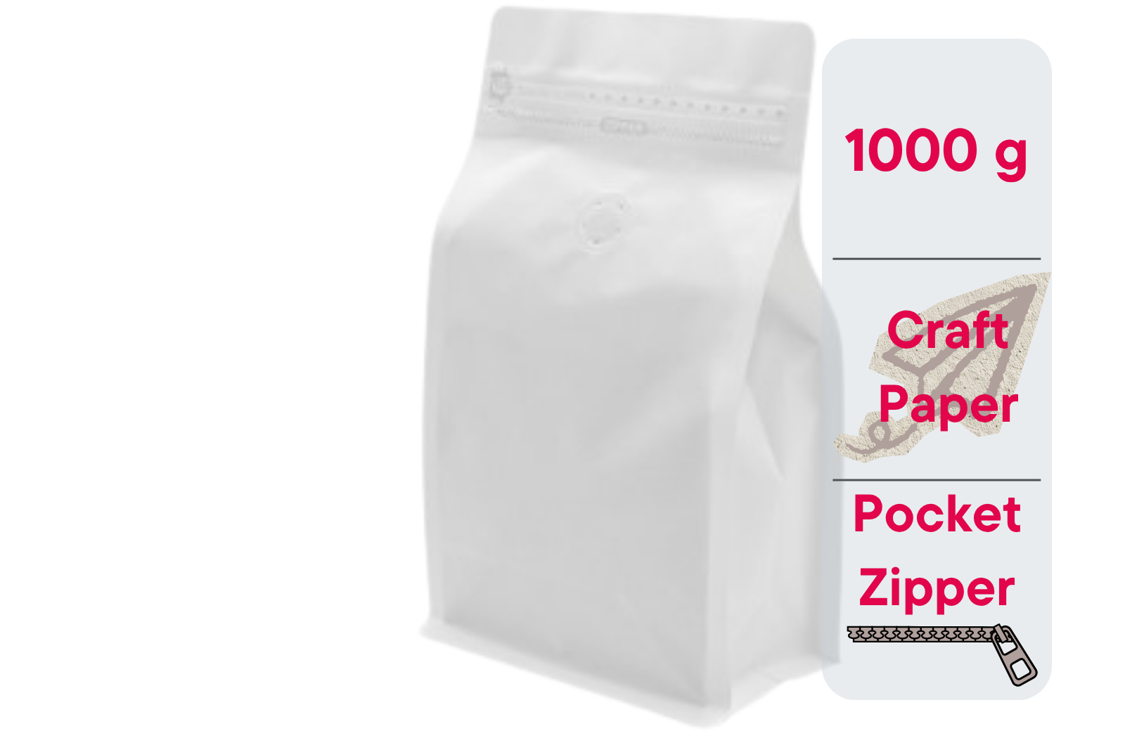 500 St. Kaffeebeutel für 1.000g Flachbodenbeutel aus Kraftpapier WEISS inkl. Ventil, Front Zipper und Aromaschutz