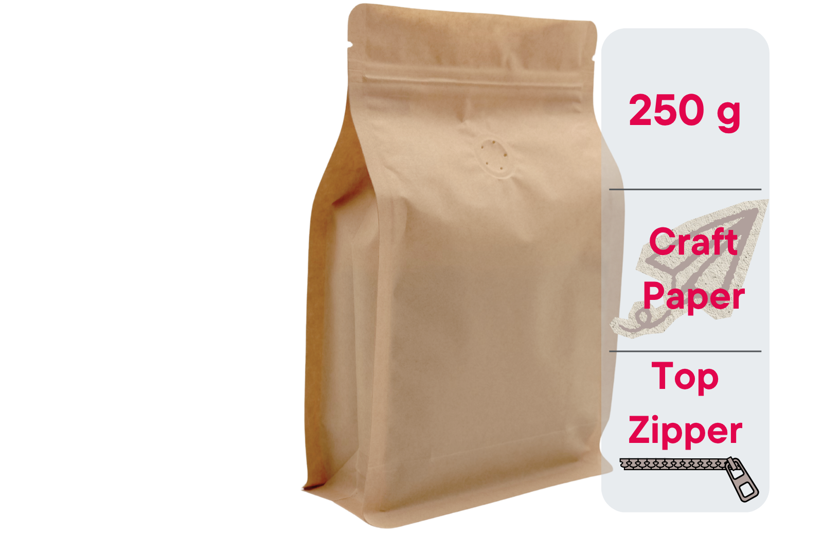 Kaffeebeutel Flachbodenbeutel 250g, Kraftpapier braun, mit Ventil, Top-Zipper & Aromaschutz (500 Stk.)