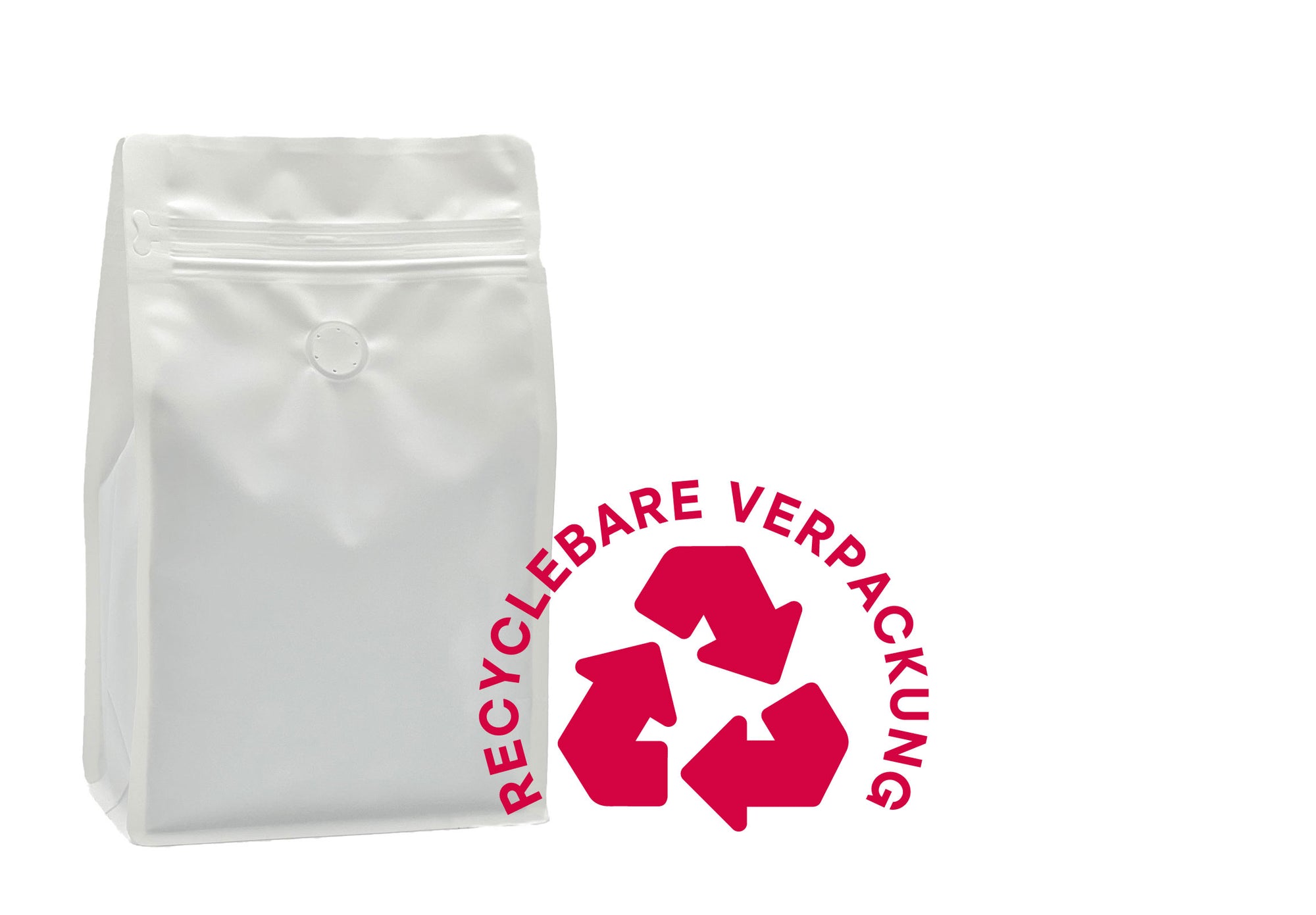 500 Stk. ♺ Kaffeebeutel für 500g in weiss-matt, Flachbodenbeutel RECYCLINGFÄHIG inkl. Ventil, Front-Zipper und Aromaschutz, mit Paper-Touch