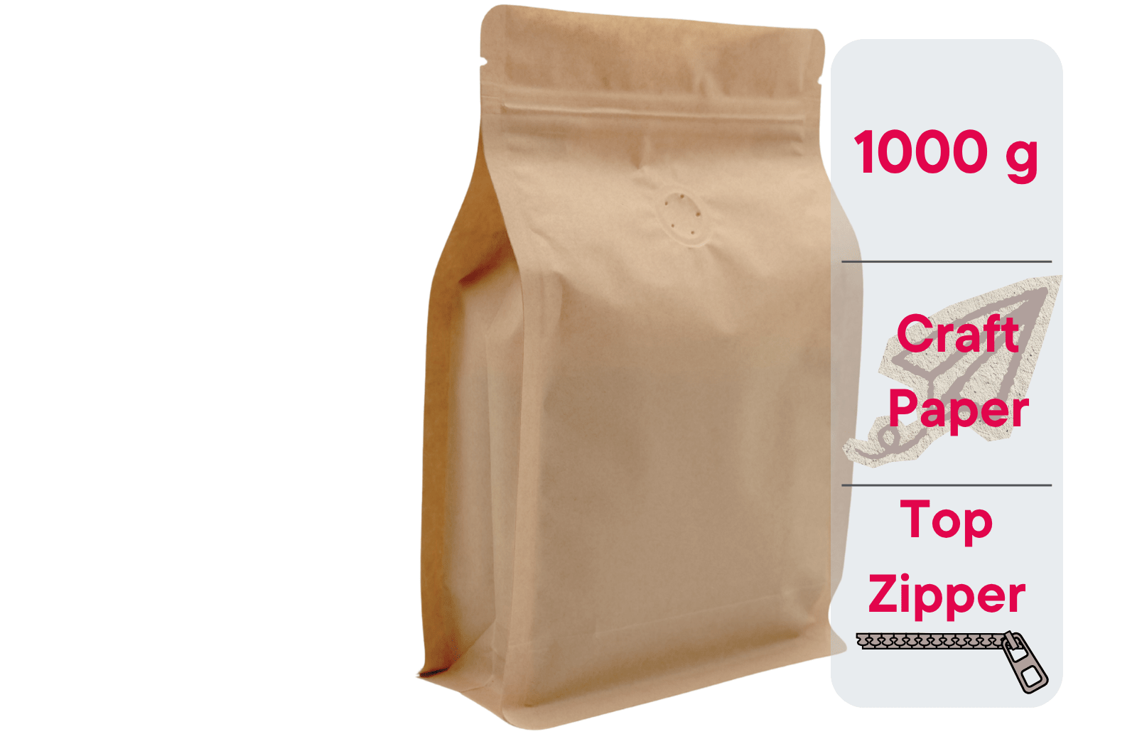 Kaffeebeutel Flachbodenbeutel 1000g, Kraftpapier braun, mit Ventil, Top-Zipper & Aromaschutz (500 Stk.) - kaffeeverpackung.com - Kaffeebeutel mit Ventil
