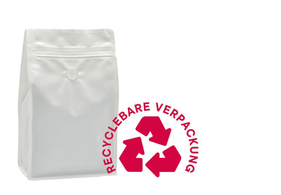 500 Stk. ♺ Kaffeebeutel Flachbodenbeutel RECYCLINGFÄHIG inkl. Ventil, Front-Zipper und Aromaschutz, mit Paper-Touch - kaffeeverpackung.com