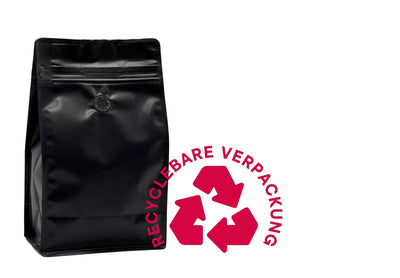 500 Stk. ♺ Kaffeebeutel Flachbodenbeutel RECYCLINGFÄHIG inkl. Ventil, Front-Zipper und Aromaschutz, mit Paper-Touch - kaffeeverpackung.com